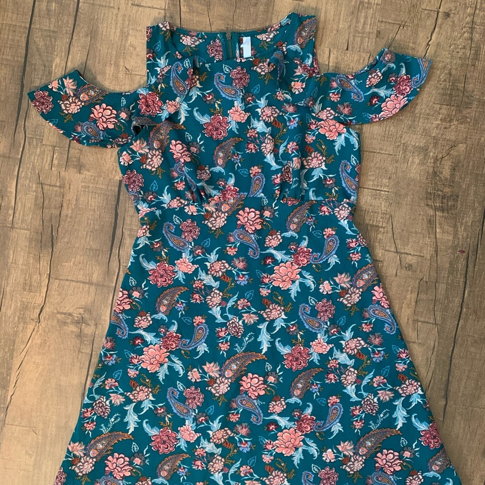Green floral, mid length, off shoulder dress